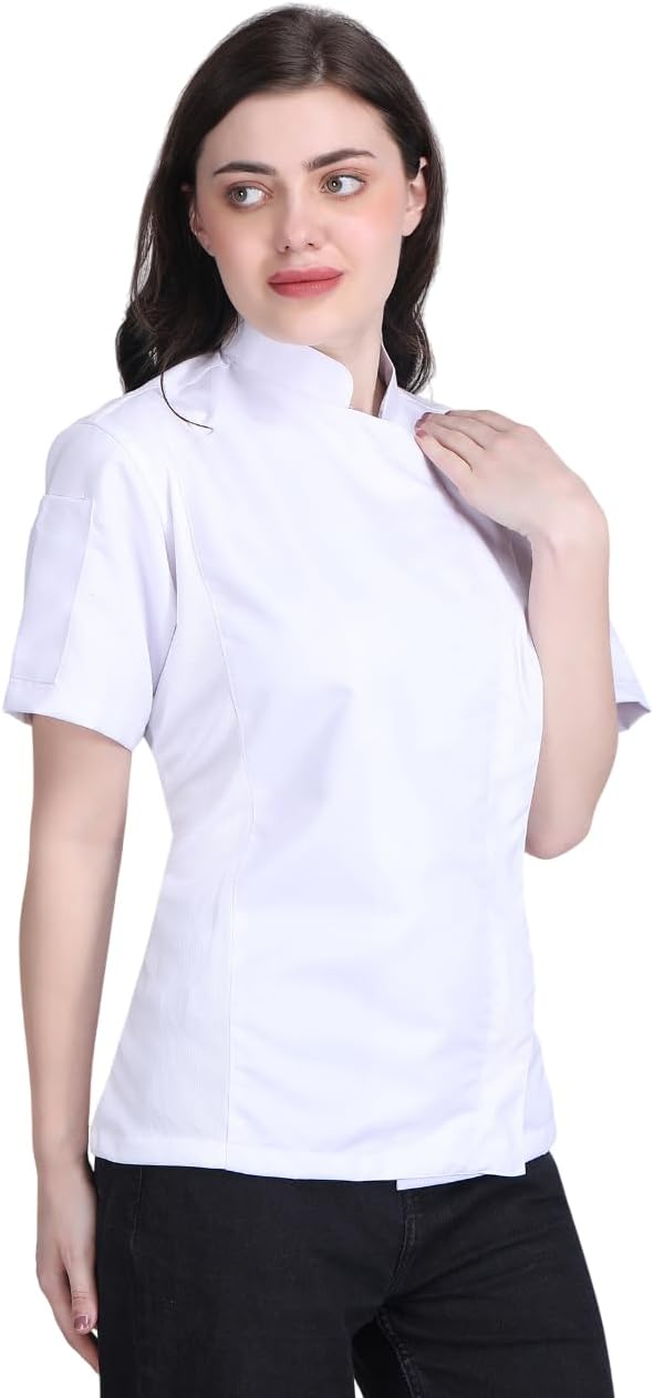 Short Sleeves Zipper Closure Chef Coat Jacket Uniform for women with Side Mesh ideal for Caterers and Culinary professional
