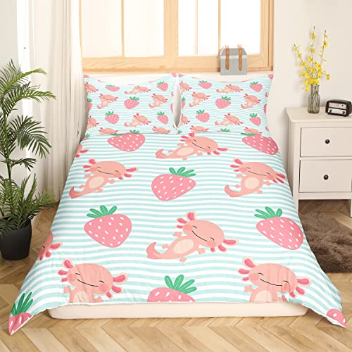 Sunnybed Kawaii Erdbeer Bettbezug Axolotl Bettwäsche Set Für Mädchen Kinder Teens Schlafzimmer 135x200 Süße Blaue Streifen Dekor Mit 1 Kissenbezug, 135*200+80*80*1 Cover