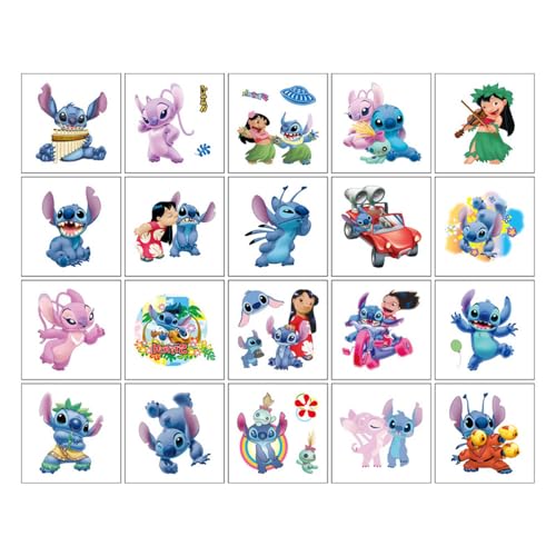 20 Sheets Lilo Stitch Temporary Tattoos for Kids Cool Birthday Party Favors Cute Cartoon Decoration Sticker Gifts for Teen Girl Adult Home Activity Class Prizes Carnival Christmas Rewards