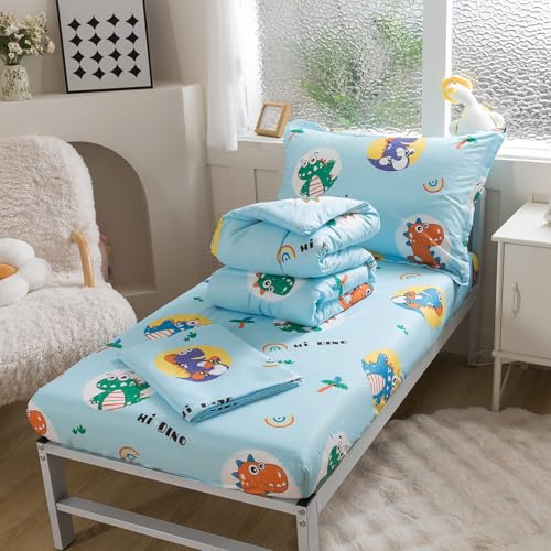 Image of Caressma 5 Pieces Comforter Set Bed-in-a-Bag Twin Size, Soft Brushed Microfiber Kids Comforter with Lovely Blue Dinosaurs Pattern, Includes Comforter, Fitted Sheet, Flat Sheet & Pillowcase & Sham