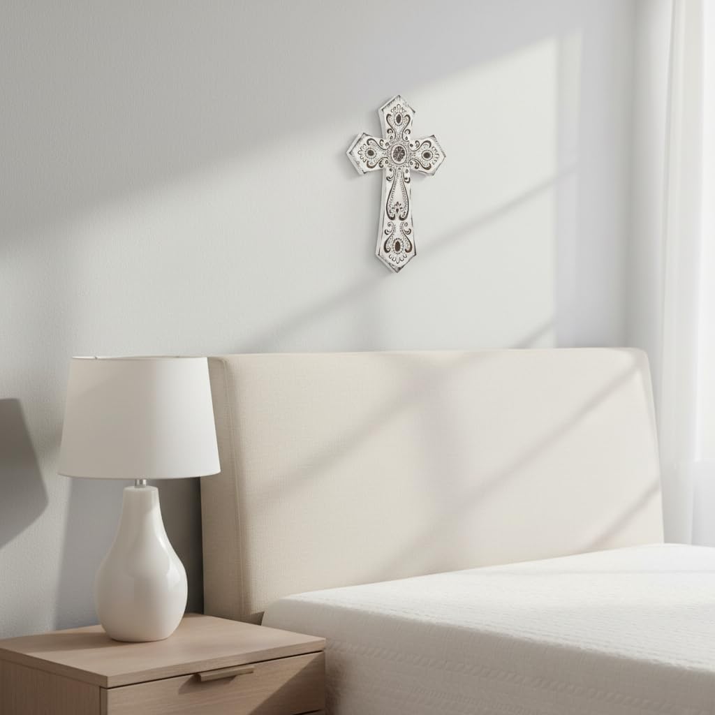 Comfy Hour 12" White Cross for Wall Decor, Decorative Classic Totem Religious Plaque, Artisan Crafted Vintage Style Resin Wall Art for Home Sanctuary, Rustic Interior Accent, 1 Piece