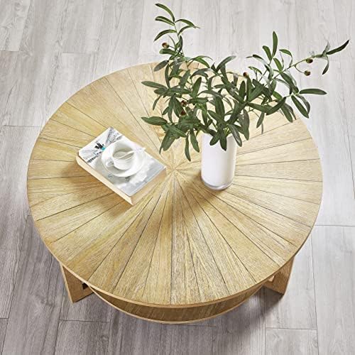 Round Oak Wood Coffee Table, Natural Boho Round Wooden Coffee Tables Living Room with Storage, Solid Light Wood Circle Center Table, Modern Farmhouse Furniture Style, 35.3x35.3x17.8in