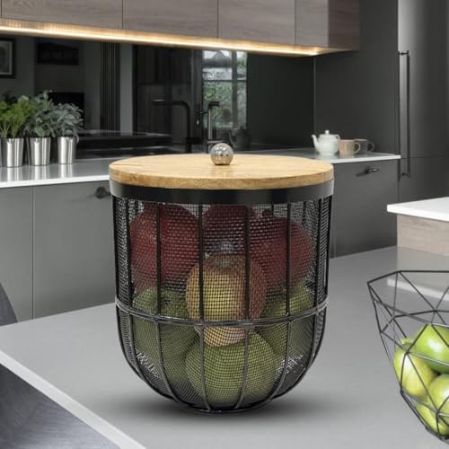Image of Modern Metal Fruit Basket /Bowl with Lid - Perfect for Fruits, Vegetables, and Home Decor, Durable Design, 22x20cm (Silver (PACK OF 1)) (black, large)