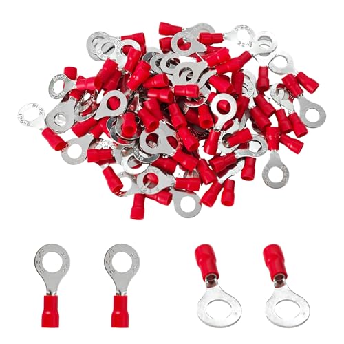 Runseaway 100PCS 22-16AWG Insulated Ring Terminals, Red M6 Insulated Tinned Copper Crimp Connectors PVC Sleeve for Marine, Automotive, Industrial Applications