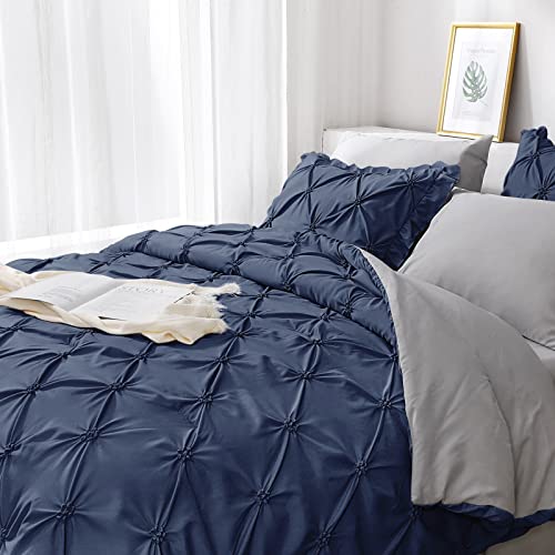 JOLLYVOGUE Navy Blue/Gray Cal King Size Comforter Sets 7 Pieces, Pintuck Bed in a Bag Comforter Set for Bedroom, Bedding Comforter Sets with Comforter, Sheets,Ruffled Shams & Pillowcases