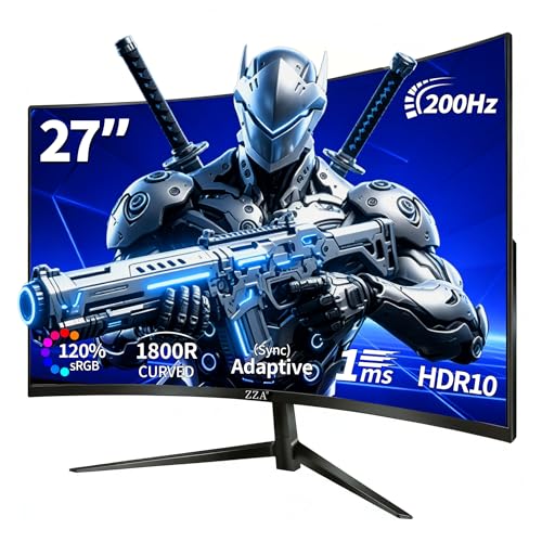 ZZA 27-Inch Curved Computer Monitor,200Hz|180Hz|144Hz Gaming Monitor,FHD 1080P 1800R VA Screen, Monitor 27 inch 100% sRGB, AMD FreeSync,Eye Care,Ultra-Thin,Bezels HDMI & DP Port