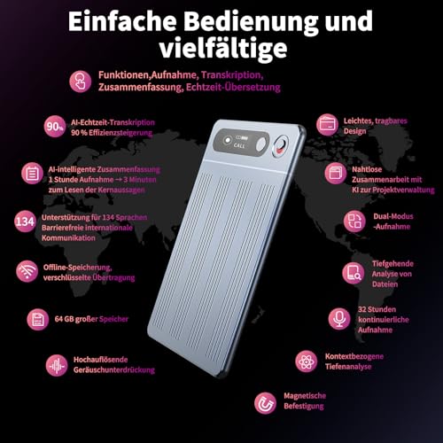 KI Digitales Diktiergerät mit Hülle,Aufnahmegerät mit KI-Technologie zum Transkribieren und Zusammenfassen,64 GB Speicher,134 Sprachen, Voice Recorder für Vorlesungen, Meetings, Anrufe & Interviews