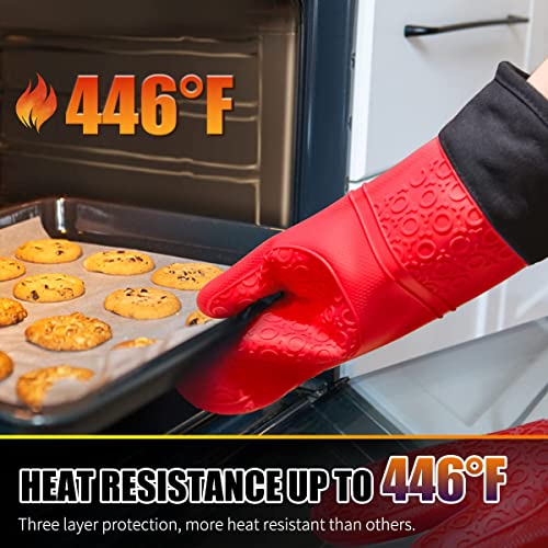 Image of THW Professional Large Silicone Oven Gloves Heat Proof,Kitchen Oven Mittens for Baking Heat Resistant Oven Mitts Cotton Quilted Silicone Gloves for Oven, Red