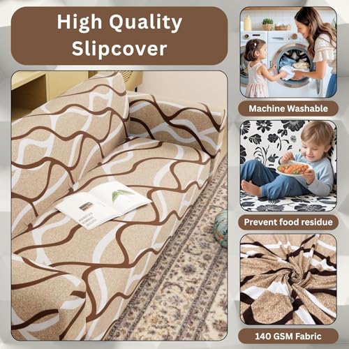Image of Lukzer 3 Seater Beige Lining Design Universal Sofa Cover | 360 Fully Covered Anti-Slip Washable Couch Cover Protecter | 140 GSM Stretch Fit Polyester + Spandex Slipcover (180-230cm /SC-021-03)