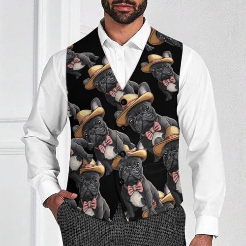 French Bulldog Dog with Hat Men's Suit Vests Dress Vest V-Neck Waistcoat Slim Business Formal with Pocket2