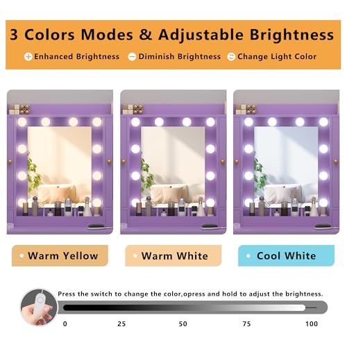 Image of Wodeer Vanity Desk with Mirror and Lights, 43 inch Purple Makeup Vanity Set with 5 Drawers & Glass Cabinets, Makeup Tray, Power Outlet & Adjustable LED Lights, Dressing Table for Women & Girls Bedroom