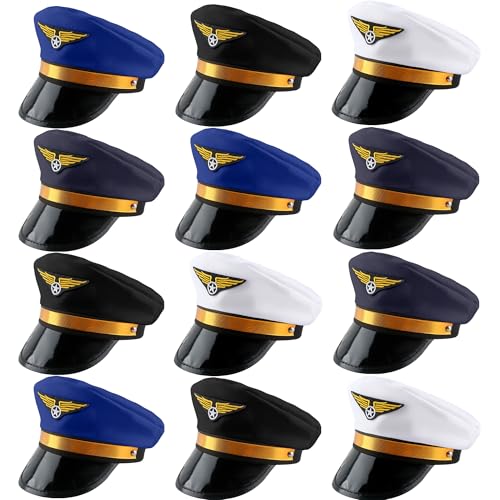 SGBETTER 12 Pack Child Pilot Hats Adjustable Airplane Hats Airline Captain Cap for Kids Halloween Cosplay Party Dress up, 4 Colors