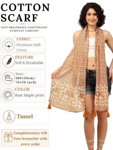 Image of KE KANHA EXPORTS Scarf for Women Premium Cotton Boho | Dual Tone Border Print Stole with Tassels | Lightweight Summer Beach Wrap 180 x 50 cm FREE Scrunchie Included