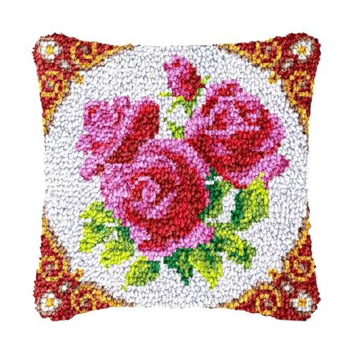Image of bositigo Latch Hook Kits for DIY Throw Pillow Cover, Colorful Handmade Pillow Case for Home Decoration, Festival Gift 17x17inch (Flower-BZ6)