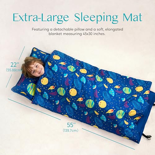 Image of JOIEDOMI Toddler Sleeping Bag for Kids 55''x30'' Nap Mat with Removable Pillow and Minky Blanket for Toddler Ages 3-7 Roll Up Soft Kids Sleeping Bag for Boys Girls Kindergarten Daycare Sleepover