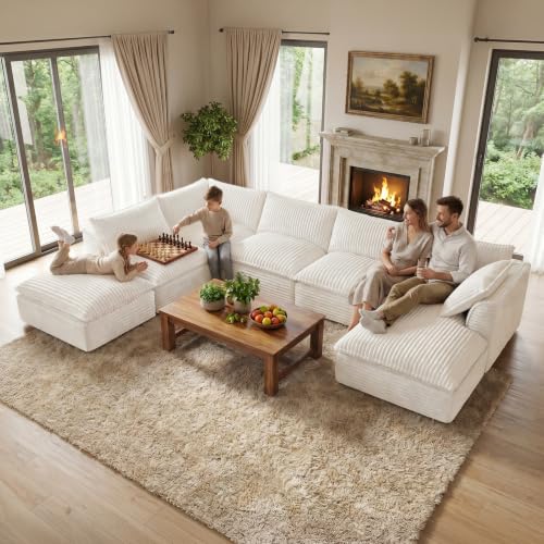 Image of Vesgantti 7 Seater U Shaped Boneless Cloud Couch with Chaise, Beige