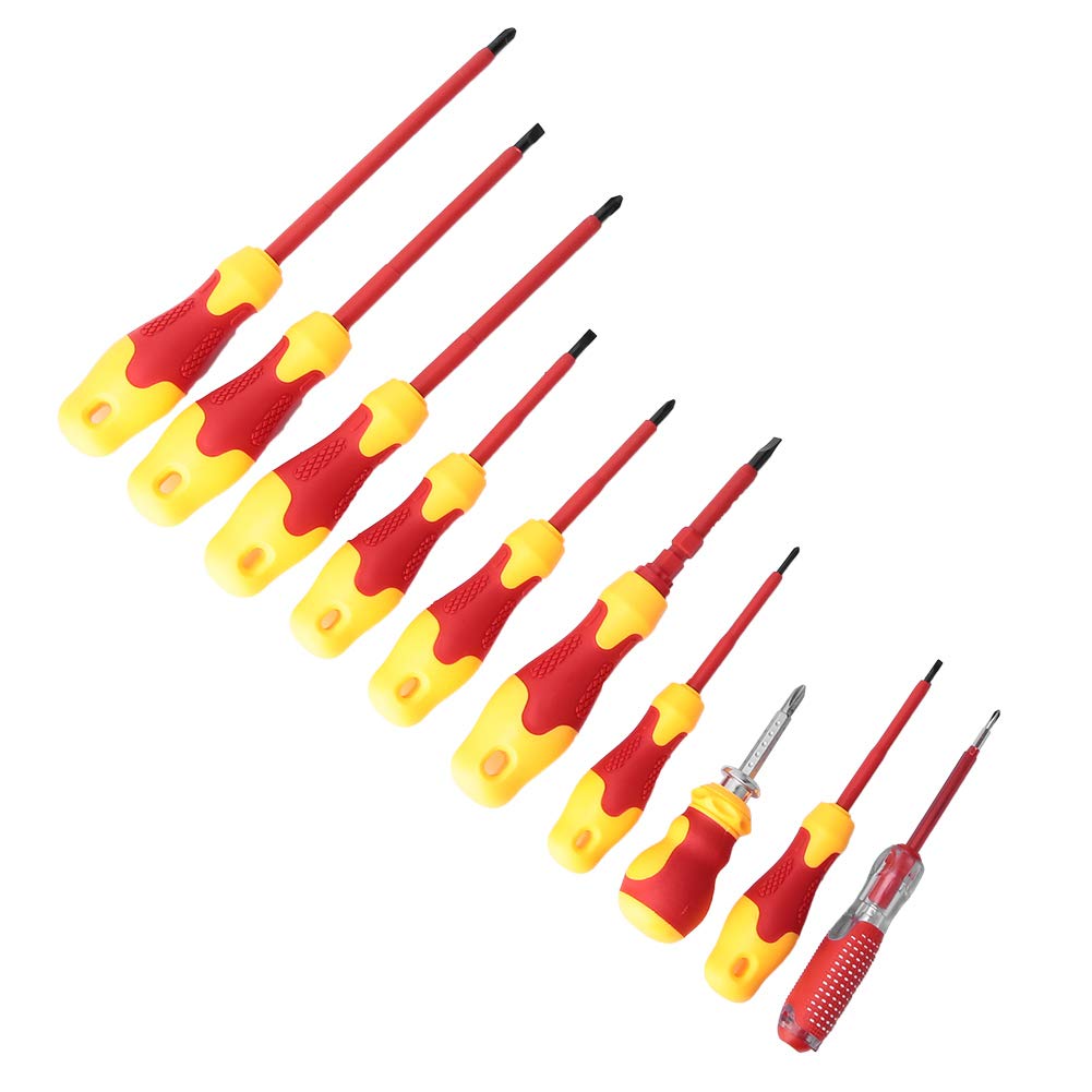 Set di cacciaviti isolati multifunzione per elettricisti, 10 pezzi, punte magnetiche a croce e piatte, utensili manuali con impugnatura rossa antiurto da 1000 V per riparazioni ele