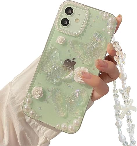 Faneiy Funda para iPhone 1212 Pro con cadena de dije para teléfono, diseño de mariposa 3D, diseño de flores de mariposa, funda transparente con