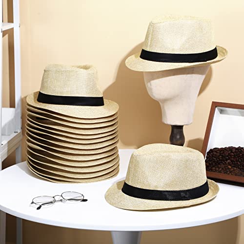 Image of Lasnten 16 Pcs Fedora Style Hat Bulk Men 1920s Gangster Short Brim Panama Cap Women Party Costume, Circumference 60 cm(Beige)