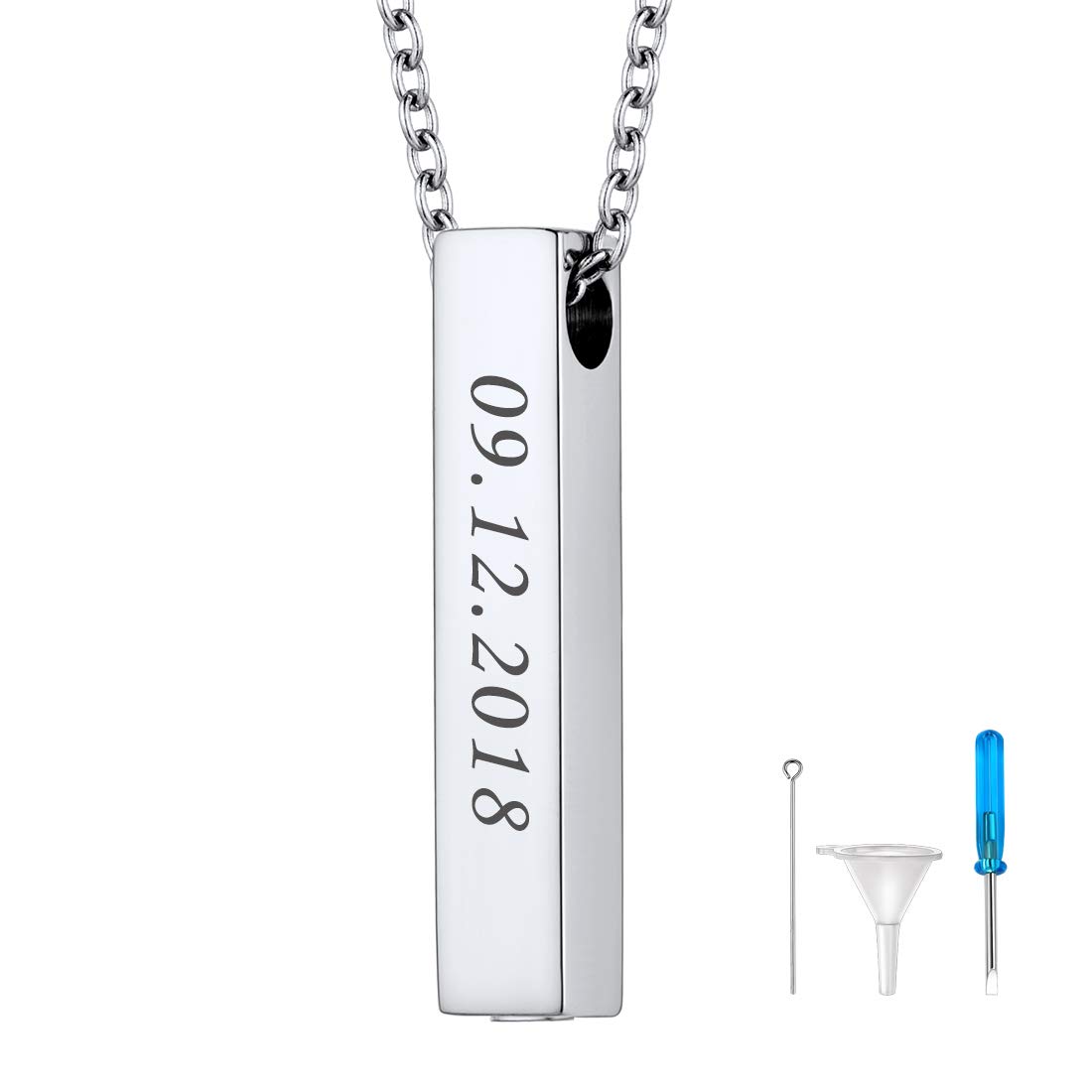 Keepsake Urn Necklace Stainless Steel 4-Sided Vertical Bar Pendant Customized Message Engrave Memorial Cremation Jewelry 20 Inch