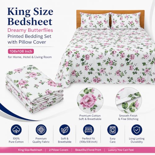Image of King Size Bedsheet - Dreamy Butterflies Printed Bedding Set with Pillow Cover, 108x108 Inch for Home, Hotel & Living Room