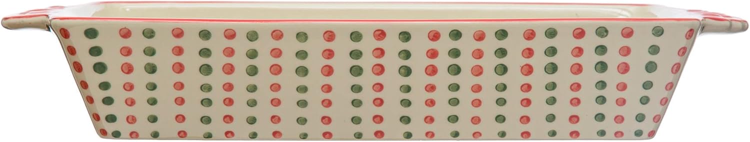 Creative Co-Op 15-1/2"L x 9" W x 2-1/4"H 2-1/2 Quart Hand-Painted Stoneware Baker w/Handles & Red Rim Santa Stop Here, Red & Green