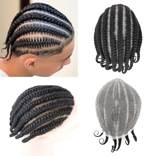 lumeng Cornrow Braids Afro Toupee Hair for Men 6'' Real Human Hair HD Lace Hair Pieces 1Black Male Braiding Mens Wigs Realistic Systems Afro Box Braided 4mm Tight Black Man Unit 8X10''