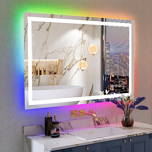 Image of 48x32 Inch RGB LED Bathroom Mirror Front Light and RGB Backlit Lighted Vanity Mirror for Bathroom Wall Mounted Dimmable Anti Fog Memory Shatter-Proof IP54 Waterproof Horizontal /Vertical