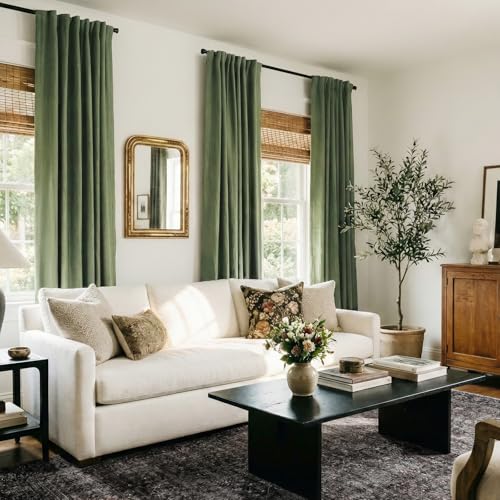 Image of 100% Blackout Shield Olive Green Linen Blackout Curtains for Bedroom 84 Inches Long, Back Tab /Rod Pocket Living Room Drapes, Thermal Insulated Blackout Curtains 2 Panels Set, 50 inch W x 84 inch L