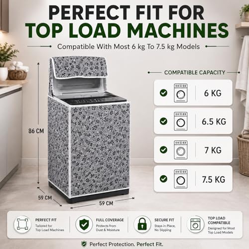 Image of DALUCI Top Load Fully Automatic Washing Machine Cover | Waterproof & Dustproof Polyester Fabric with Zipper | Protective Cover for Washing Machine (Black & Grey, 59X59X86 CM)