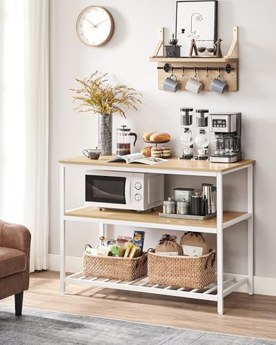 Image of VASAGLE Kitchen Island with 3 Shelves, 47.2 Inches Width Kitchen Shelf with Large Worktop, Stable Steel Structure, Industrial, Easy to Assemble, Oak Color and White UKKI001W09