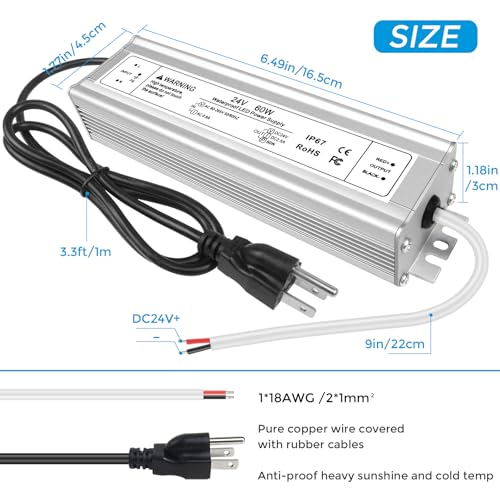 Image of 24V 60W LED Power Supply, IP67 Waterproof LED Driver, AC 110V to DC 24V 2.5A Low Voltage Transformer, Adapter for Outdoor LED Light, 3-Prong Plug with 3.3 Feet Cable