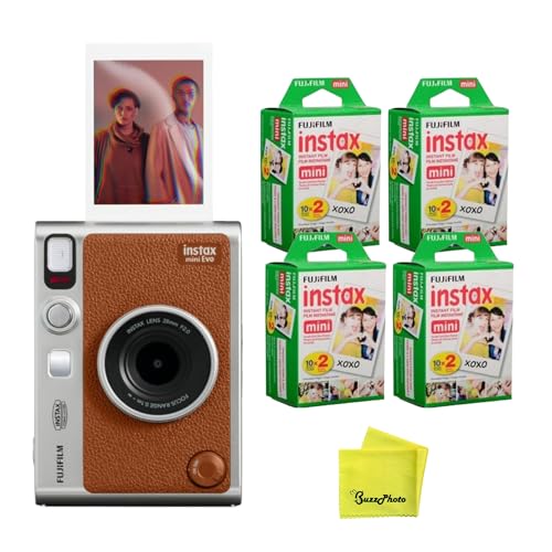 Image of Fujifilm Instax Mini EVO Instant Camera (Brown) w /BuzzPhoto Microfiber Cleaning Cloth and 4 Twin Packs Mini Instant Film