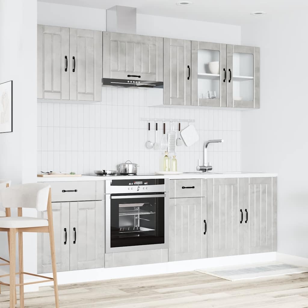 Set di 8 mobili da cucina Lucca grigio cemento, cucina modulare da incasso in legno, blocco da cucina con mobiletto inferiore e pensile per molto spazio