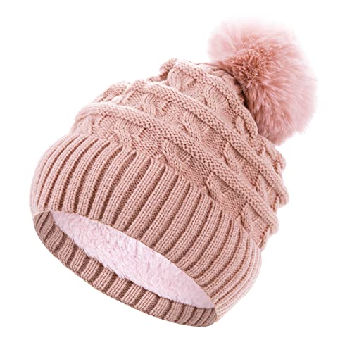 Sibba BommelmüTze FüR Frauen Winter Beanie MüTzen Thermo Fleece GefüTterte MüTze Damen StrickmüTze WollmüTzen Mit Kunstfell Pom Pom Rose EinheitsgrößE Kunstpelz...
