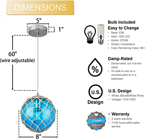 Blue Pendant Light Coastal Pendant Light Nautical Pendant Lighting Beach House Lighting Fixtures Ocean Lighting Fixture Coastal Hanging Light Fixtures Fish Float Glass Ball Lighting(Bulb Incl. - Image 4