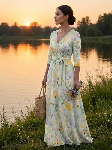 Image of PinkPatty Plus Size Maxi Dress for Women Casual V Neck 3 /4 Sleeve Boho Printed Long Dress with Pockets