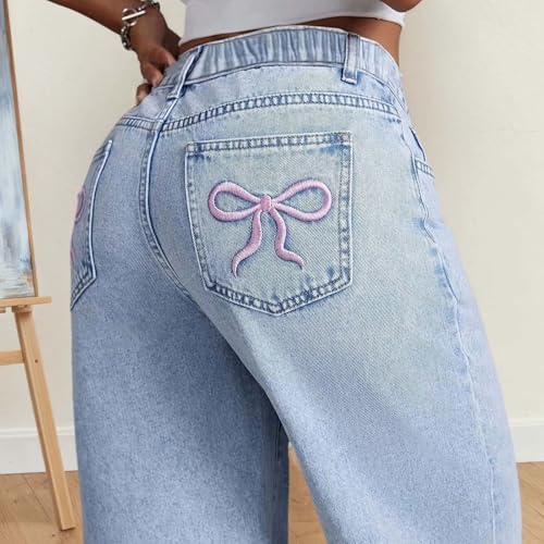 Bow Jeans for Girls Wide Leg Baggy Denim Pants Cute High Waisted Jean Trousers Casual Y2k Streetwear with Pockets3