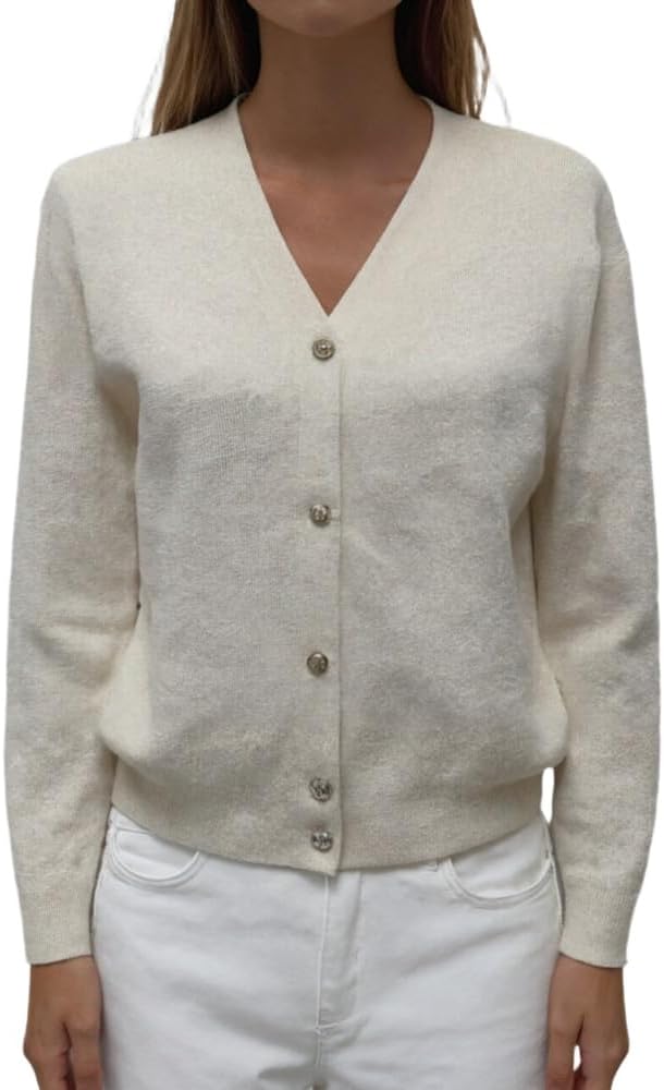 Women's V-Neck Pure Merino Wool Solid Open Front Button Classic Style Cardigan Sweater