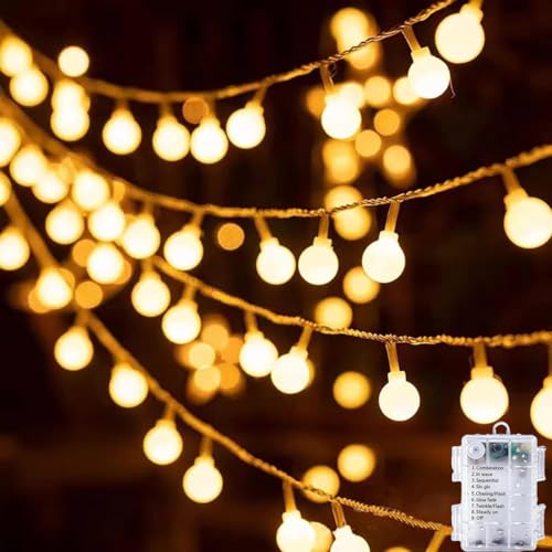 FPEAOB Guirlande lumineuse globe alimentée par piles 80 LED 10 m Blanc chaud Guirlande lumineuse étanche Décoration pour chambre à coucher, sapin de Noël,...