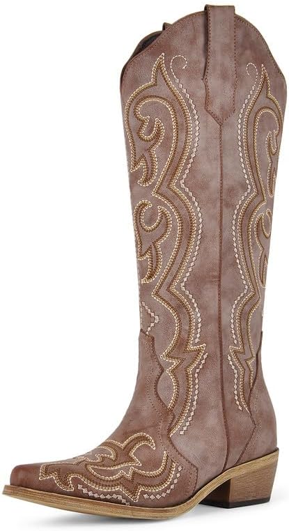 Cowboy Boots For Women Knee High Western Cowgirl Boots Snip Toe Side Zipper Chunky Heel