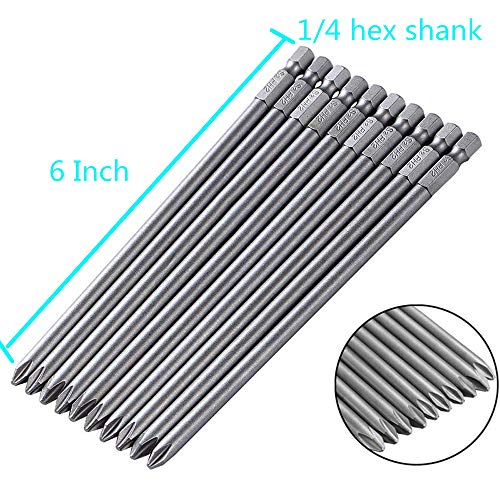Rocaris 6 In Phillips Screwdriver Bit Sets 1/4 Inch Hex Shank Magnetic Screwdriver Bits Cross Head S2 Steel Screwdriver Bits 10 Pack #TOP2