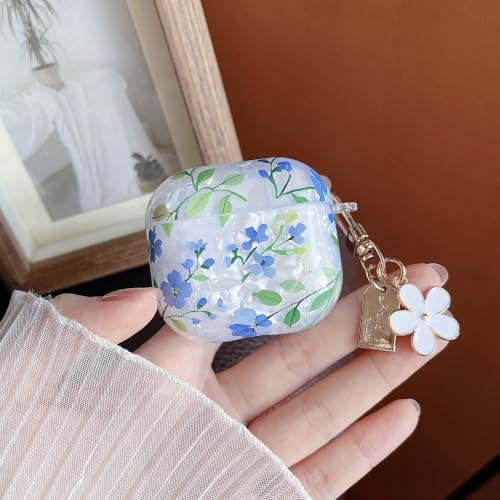 Image of MINSCOSE for Glitter AirPods 4 Case,Cute Shell Pattern Flower Design with Floral Keychain,Soft TPU Anti-Drop Shockproof Cover with Cleaner Kit for Women Girls for AirPods 4-Blue Flower
