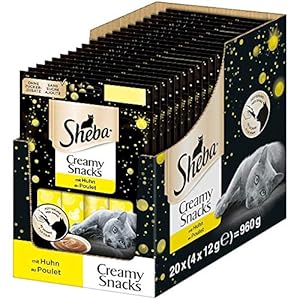 Sheba Creamy Snacks – Cremiges Katzen-Leckerli mit Huhn – Praktische Sticks zum aus der Hand Schlecken – 80 x 12g Katzenleckerchen