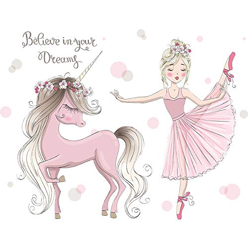Image of Cute Little Girl Dancing with Unicorn Wall Stickers for Kids Room Bedroom Living Door Study Boho Decoration Sticker Baby Boy Bedroomplayroom Decor, Self-Adhesive, Wall, 60 Cm, 1 Cms