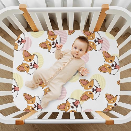 Image of Dogs Corgi White Fitted Crib Sheet for Boys Girls Baby Crib Bed Sheets for Pack N Play Mattresses,39 x 27 in