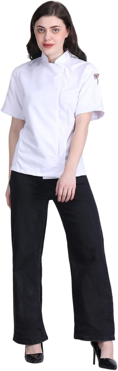 Short Sleeves Zipper Closure Chef Coat Jacket Uniform for women with Side Mesh ideal for Caterers and Culinary professional