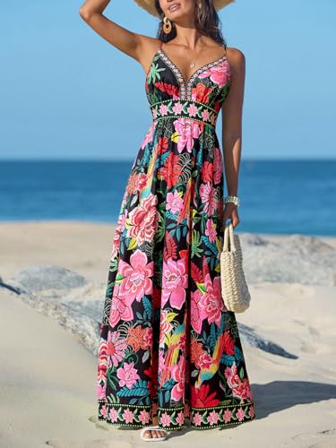 CUPSHE Women's Summer Dresses Casual Spring V Neck Sleeveless Floral Beach Vacation Long Spaghetti Strap Flowy Maxi Dress - Image 3