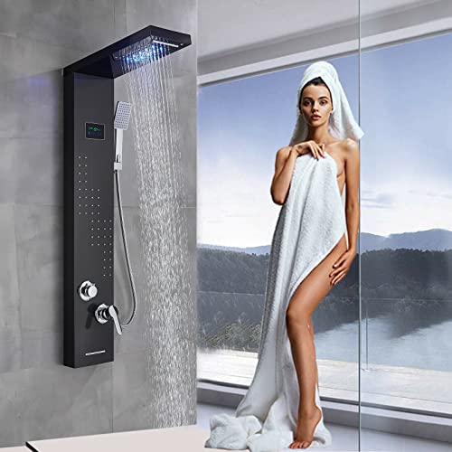 Black Shower Panel Tower System LED rain Head Combination Massage Body Jets Faucet Shower Column miniatura 1