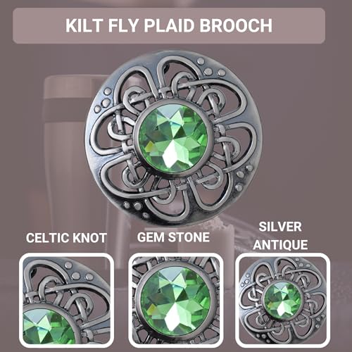 Image of Elegant Culloden Plaid Brooch - Scottish Kilt Fly Plaid Brooch Intricate Celtic Knot in Pewter with Gemstone 3-Inch Diameter - Ideal for Scottish Kilts & Formal Wear